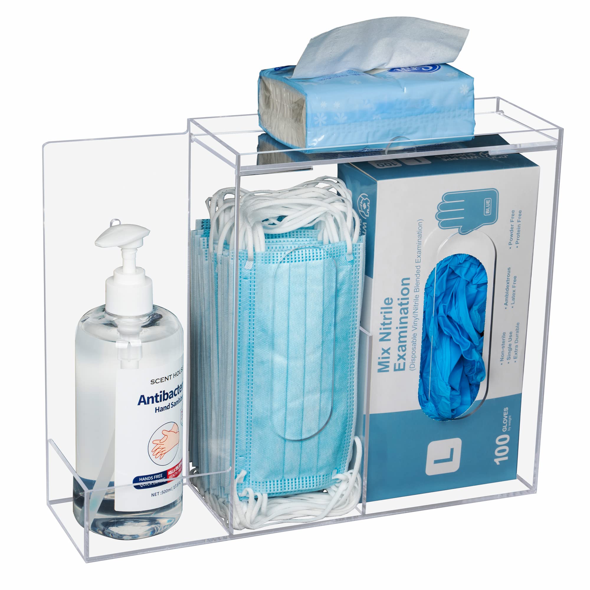 Masken und Handschuh Spender mit 3 Transparent Fächern, Acryl Wandhalterung Aufbewahrungsbox für Einmalhandschuhe, Hand-Desinfektionsgel, Haarnetz, Schuhabdeckung und Taschentücher-Box