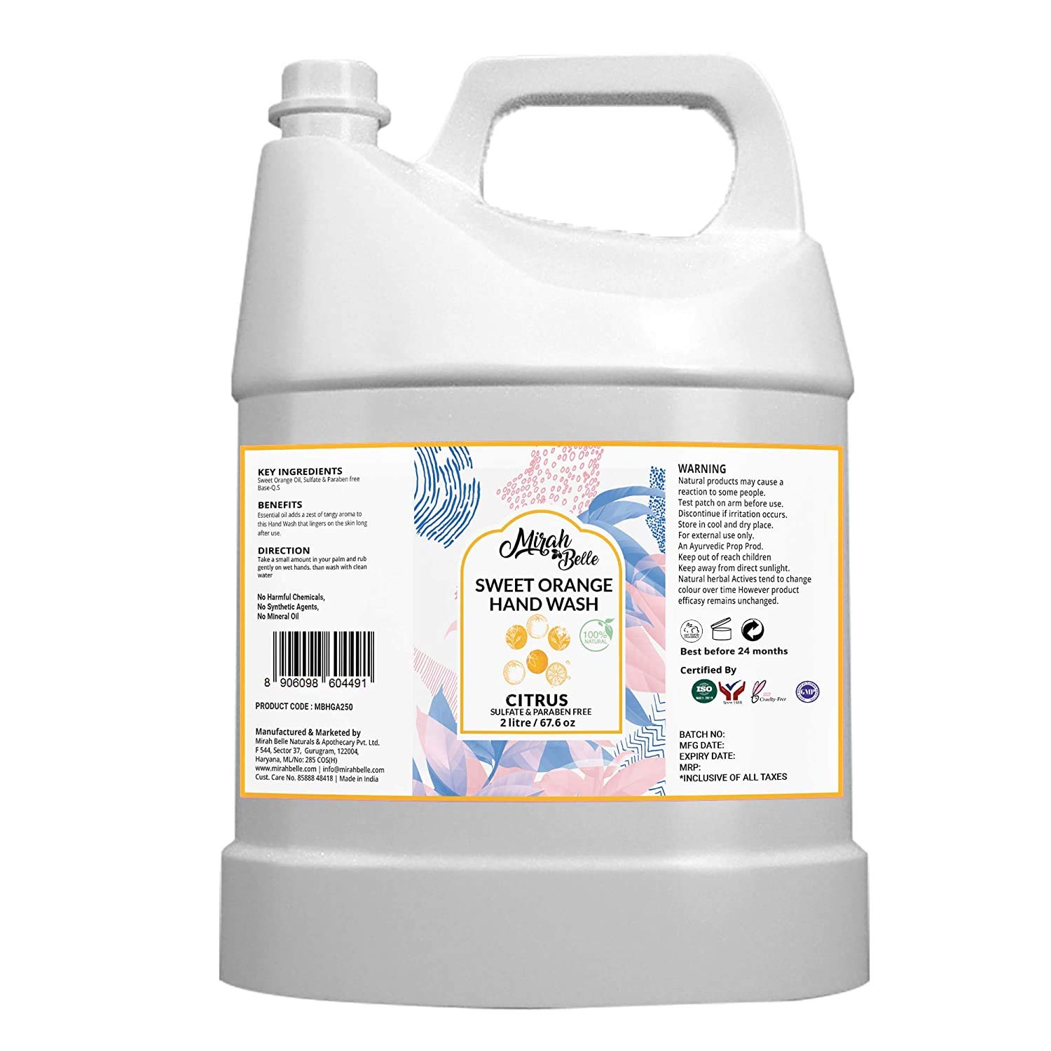 Mirah Belle - Sweet Orange Hand Wash Can (2 LTR) - FDA Approved - Bulk Pack for Refill - Best for Men, Women and Children - Sulfate and Paraben Free - 2000 ML