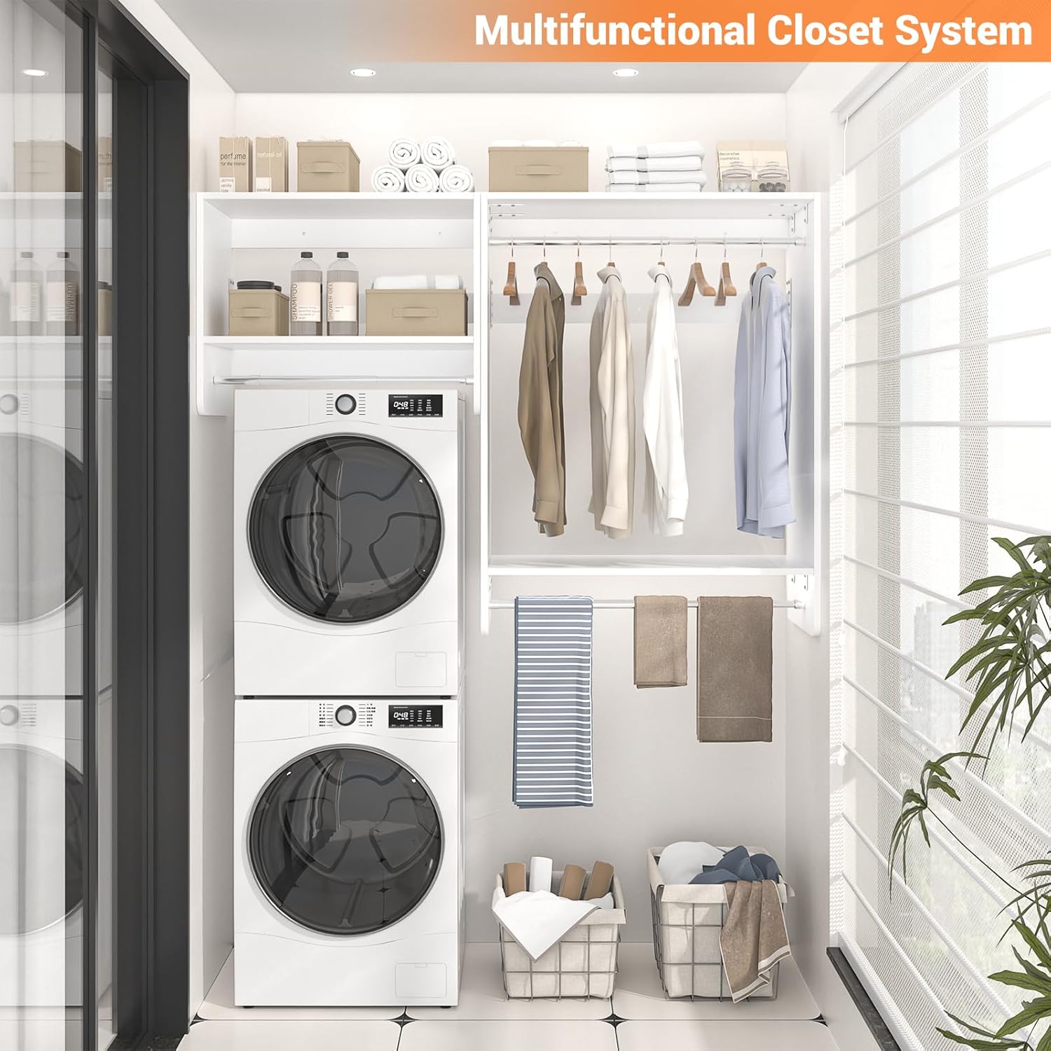 Unikito 36” - 60” Closet System, 5FT Walk in Closet Organizer Starter Kits with 3 Hanging Rods and 2 Shelves, Heavy Duty Reversible Wood Clothing Racks, Cut Be Cut to Fit, Max Load 800 LBS, White