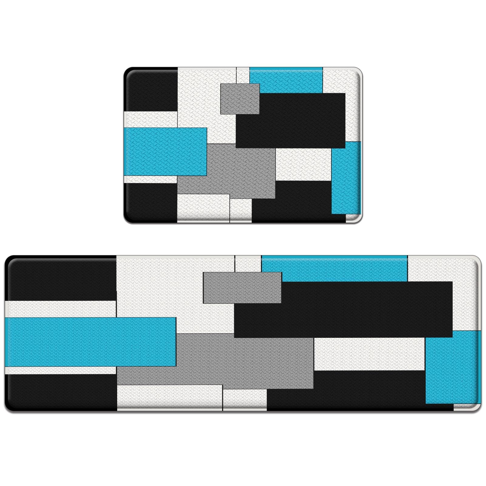 Photo 1 of Cyan Blue Anti-Fatigue Kitchen Rug Set of 2 Black Grey White Abstract Geometric Cushioned Kitchen Floor Standing Mat Waterproof Non-Slip Kitchen Mats and Rugs PVC Ergonomic Comfort Foam Rug Geometric Cyan Kitchen Mat 17.3 x 47 inch + 17.3 x 29 in