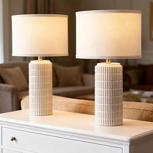 Juego de 2 lámparas de mesa modernas de cerámica, lámpara de noche para decoración de dormitorio, lámpara de mesita de noche con 3 temperaturas de