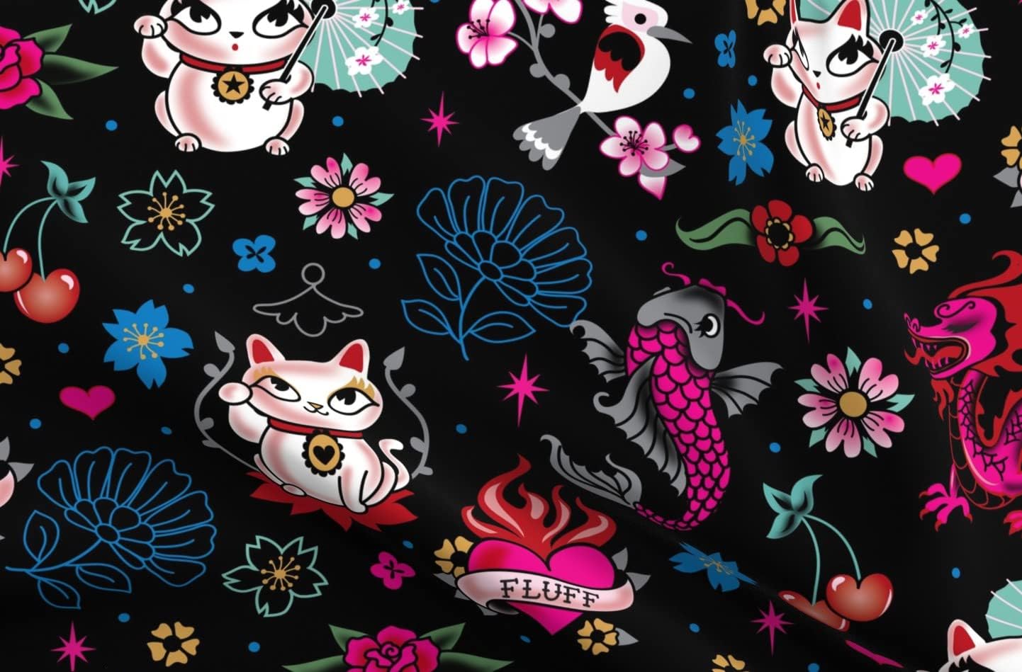 Spoonflower Fabric - Lucky Cat Dragons Koi Fish Large Black Kawaii Japanese Printed on Organic Cotton Sateen Fabric by The Yard - Sewing Quilting Apparel Home Decor