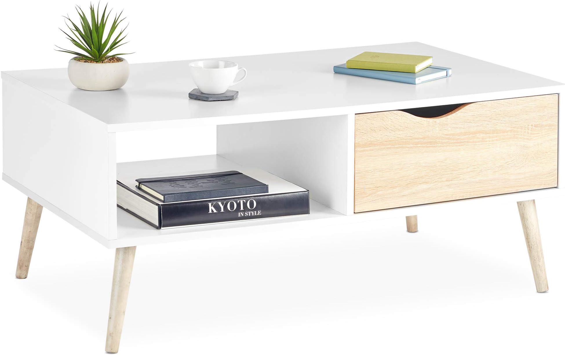 VonHaus White Coffee Table with Storage - Light Oak Effect Tea Table ...