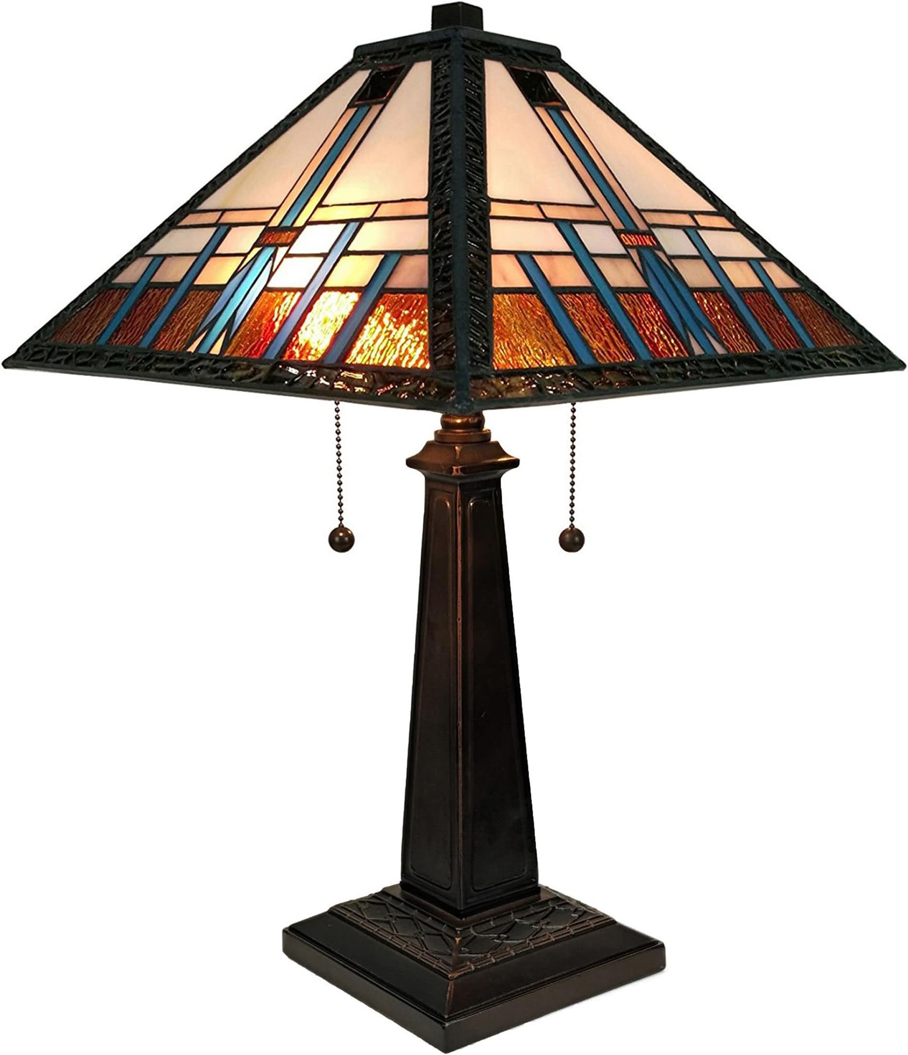 Amora Vintage Tiffany Table Lamp - Geometric Mission Style Table Night Light - Blue White Brown Glass Nightstand Lamp - 23” Tall Stained Glass Lamp