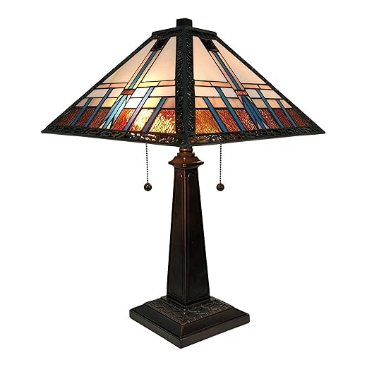 Amora Vintage Tiffany Table Lamp - Geometric Mission Style Table Night Light - Blue White Brown Glass Nightstand Lamp - 23” Tall Stained Glass Lamp