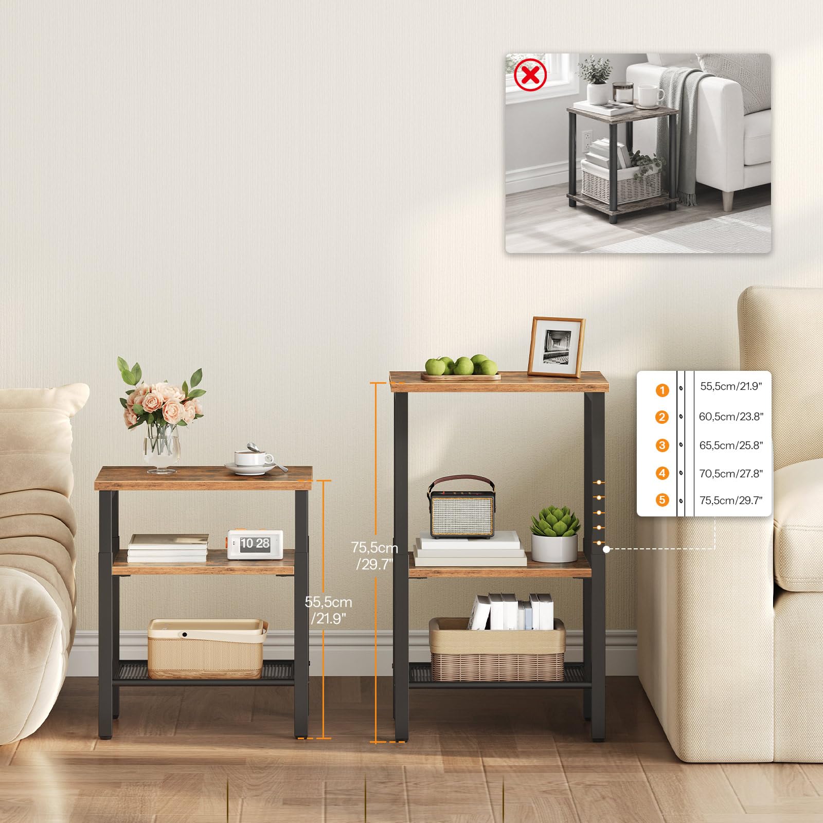 HOOBRO Tavolino Regolabile in Altezza, Tavolino Porta Telefono EBF241BZ01 | Regolabile a 4 Altezze da 55,5 a 75,5 cm, per Soggiorno, Camera da Letto e Ufficio, Marrone Vintage e Nero