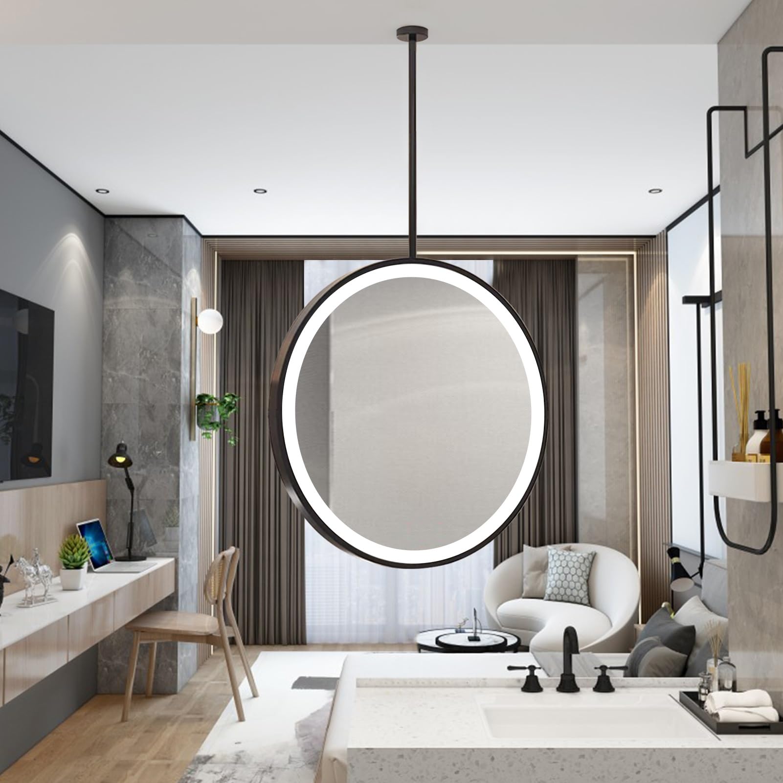 ITOSUI Vanity Mirror with LED, Wall Mounted Lighted Mirrors for Hotel Bathroom Entryway, Floating Decorative Mirror for Ceiling Hanging Rod - 3 Colors Dimmable(Diameter-50CM/19.7INCH)