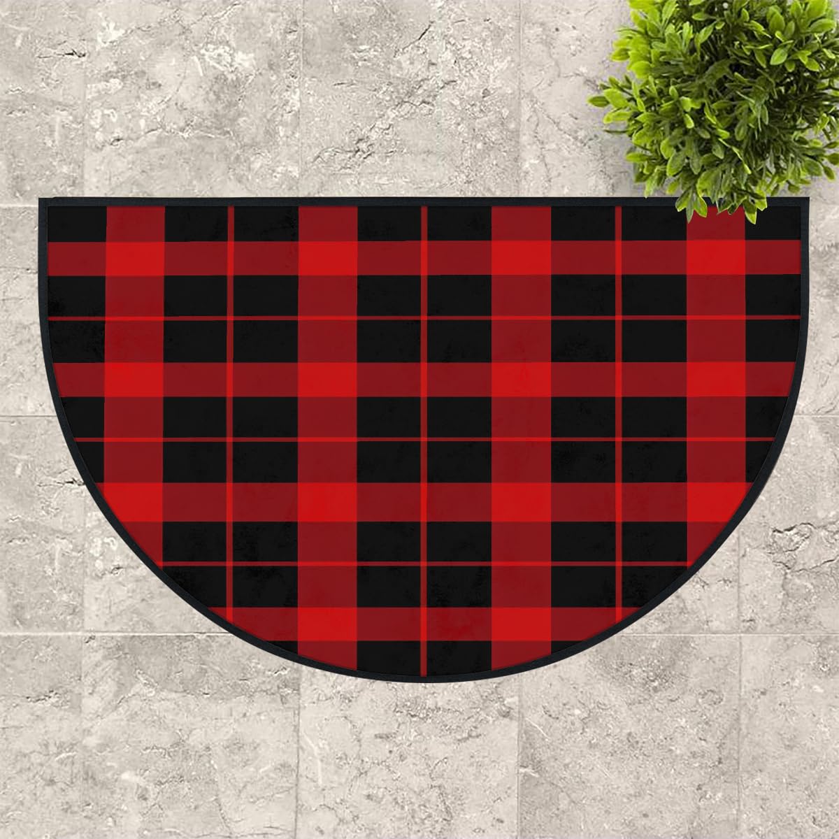 Mexpekil Paillasson demi-lune à carreaux rouge et noir, pour intérieur et extérieur, antidérapant, lavable, absorbant, anti-saleté, 100 x 160 cm
