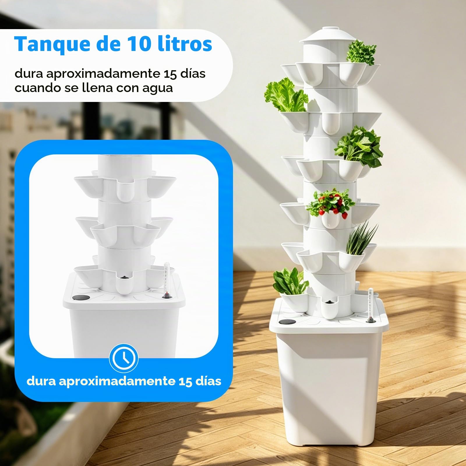 Kit de Cultivo Hidropónico Vertical con 6 Niveles, 30 Agujeros para Plantar con Depósito de Agua de 40L, Sistema de Germinación para Balcones, Verduras