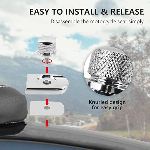 Miniatura 3 de Cromo plateado para perno de asiento Harley  Pernotornillo de acero inoxidable con cubierta de perilla de montaje  Compatible con Harley-Davidson