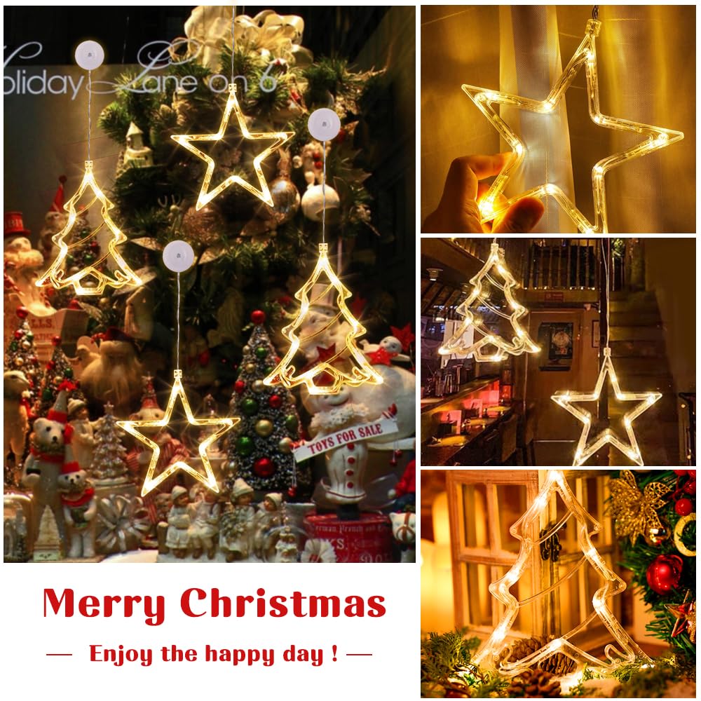 Led-sterren, kerstverlichting, led-raamlichtketting op batterijen, met zuignappen, warm wit, kerstster binnen, voor kerstdecoratie, deuren, etalages, feesten, bruiloften, balkons