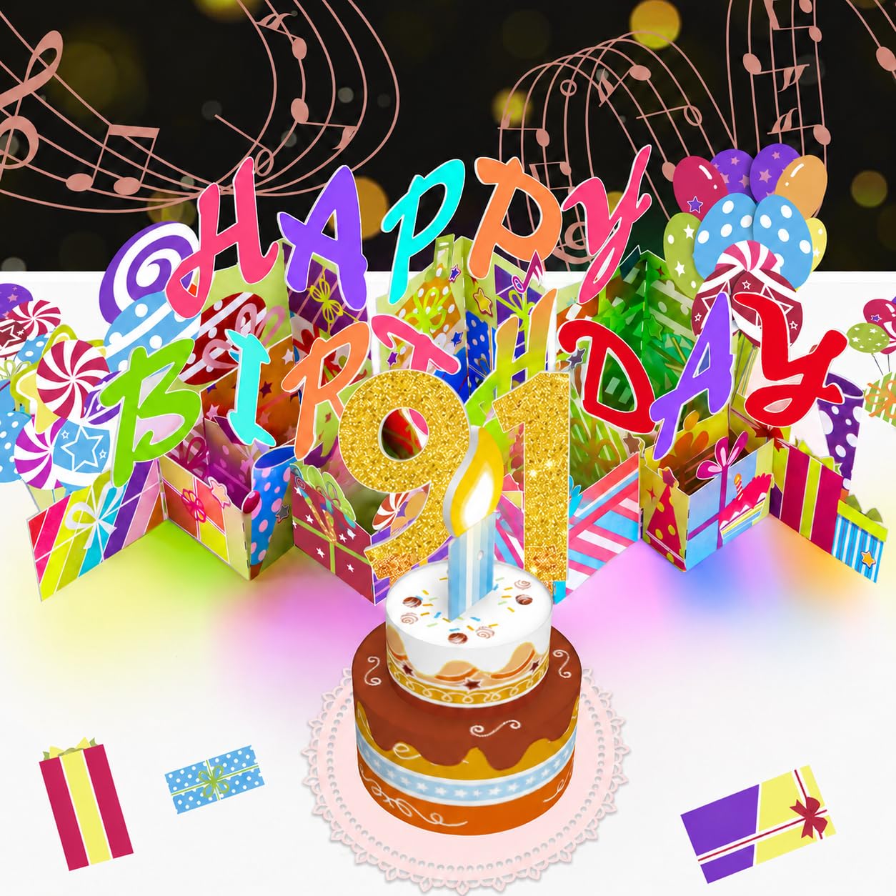 91st Pop-Up Musical Birthday Card, Blowable LED Candle for Women and Men