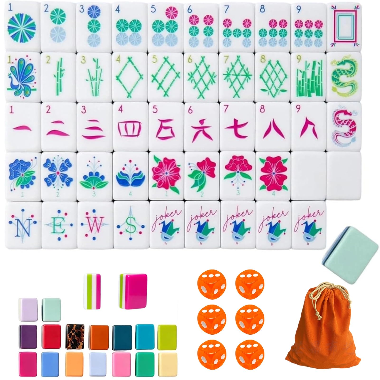 Akrylowy zestaw Mahjong 160 płytek - 4-warstwowa amerykańska gra podróżnicza z torbą i kostkami(Light green)