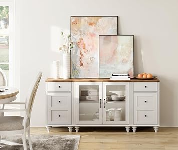 WAMPAT Buffet Cabinet Sideboard with Storage, Modern Kitchen Accent Cabinet with Glass Doors & Side Table with Charging Station, Wood Credenza Coffee Bar Cabinet for Entryway Living Dining Room, White