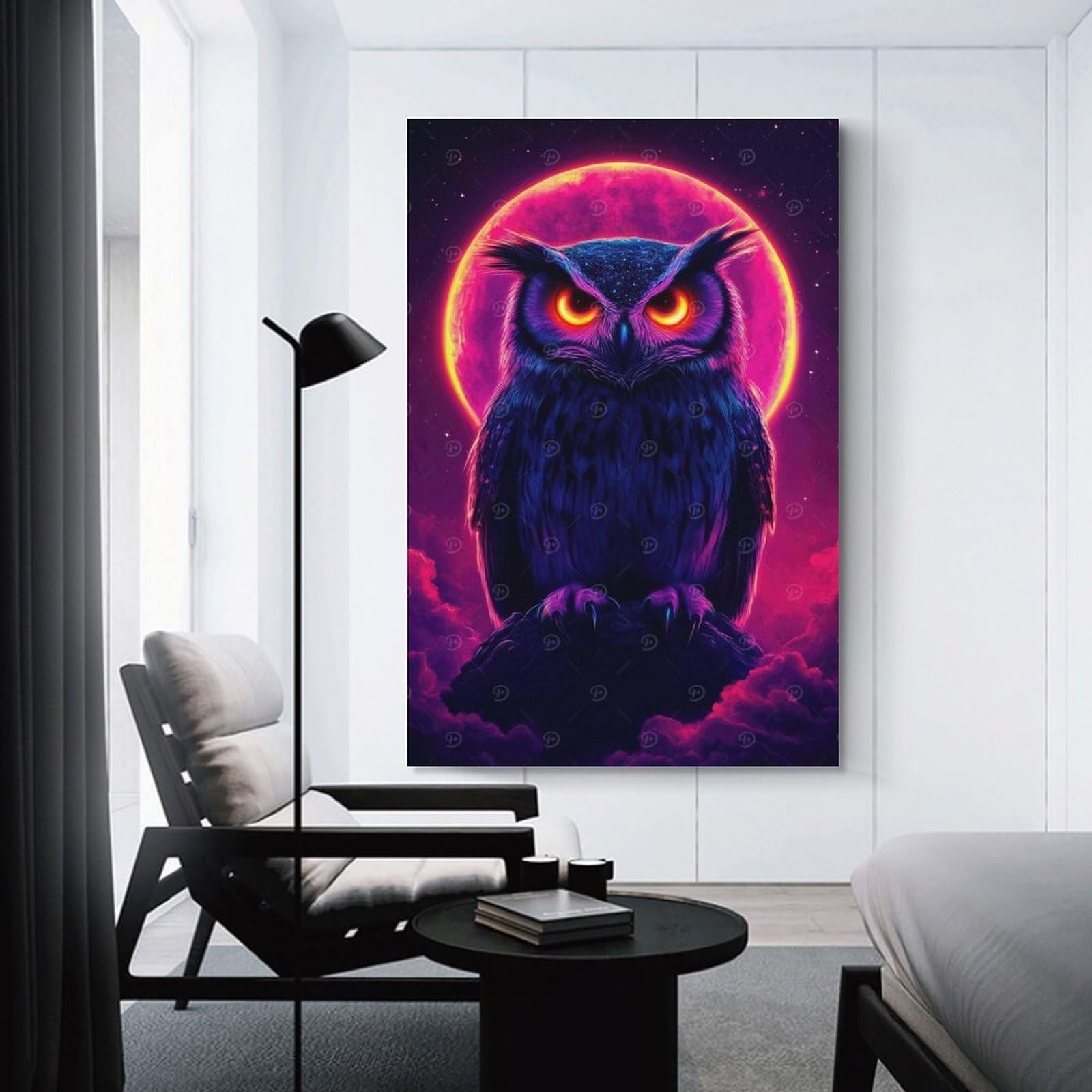 Junmoney Neon Owl Under Full Moon Decorative Canvas Print, 08x12inch(20x30cm), for Gallery Wall Decor And Room Displays, Wall Decor Suited to Curated Displays