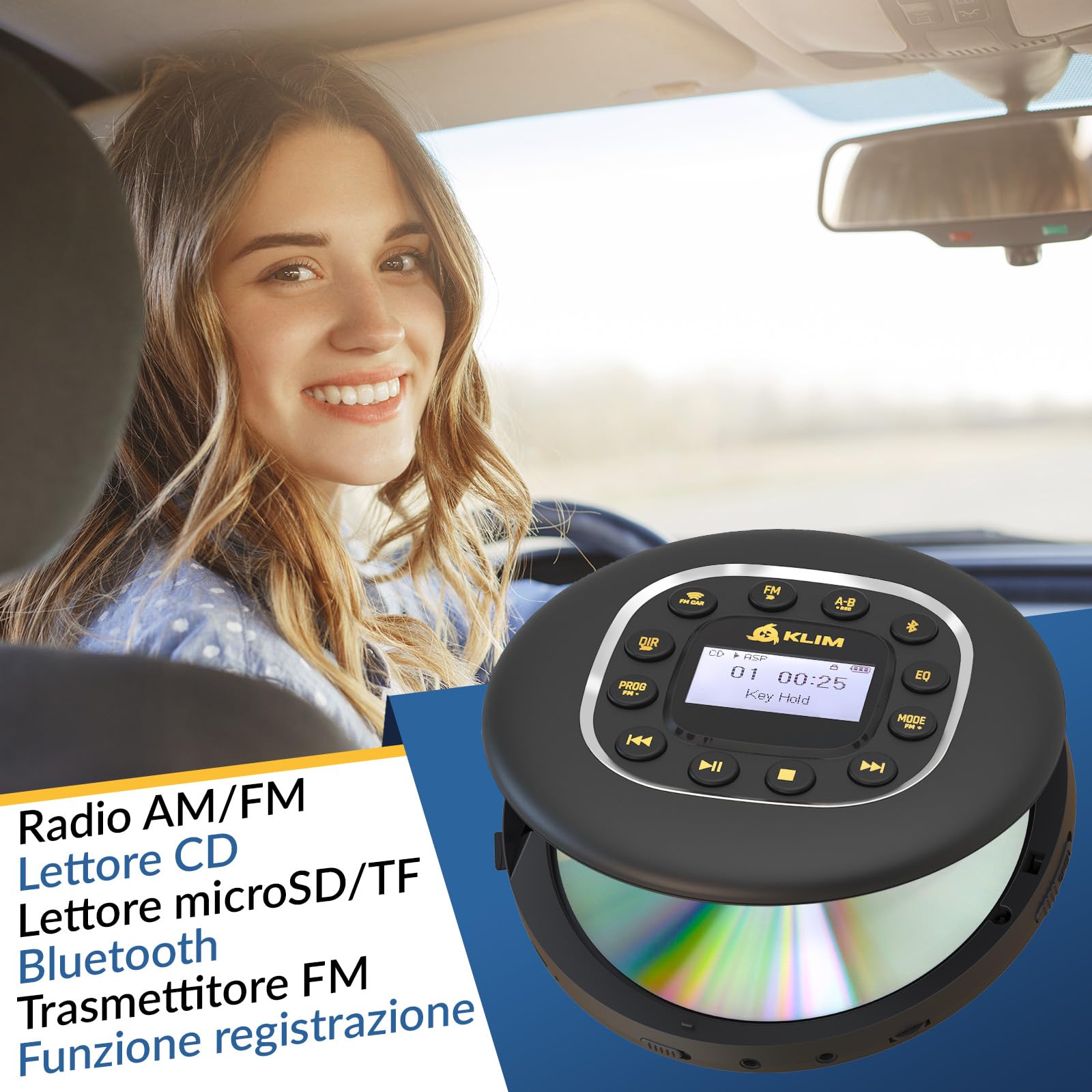 KLIM Journey - Lettore CD HiFi portatile - Cuffie incluse - Radio FM - Compatibile con MP3 CD Audiolibri - Lettore CD per auto - Supporta Bluetooth per Auto, scheda SD, Trasmettitore FM