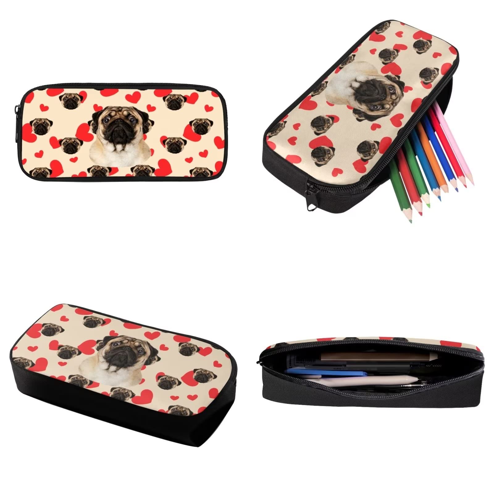 Poceacles Schultasche und Lunchbox-Set für Teenager, Jungen, Grundschule, Büchertasche, Federmäppchen für Grundschulkinder, Mops Hund Herz, Einheitsgröße