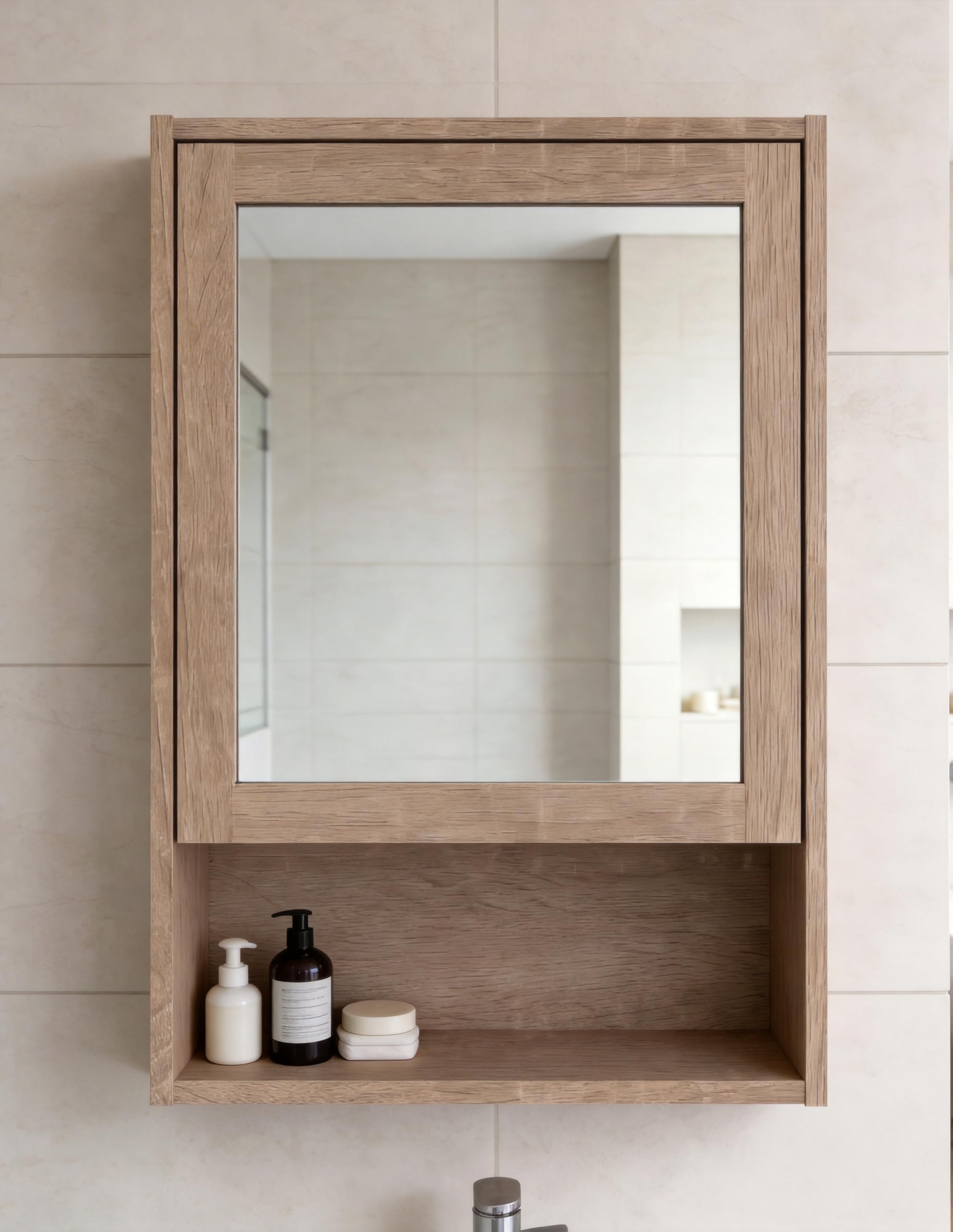 Furnihaus Gaia Single Mirrored Door Cabinet, Modern Minimalist, Natural Oak Effect, Manufactured Wood, 67cm H x 47cm W x 17cm D, Push Button Door