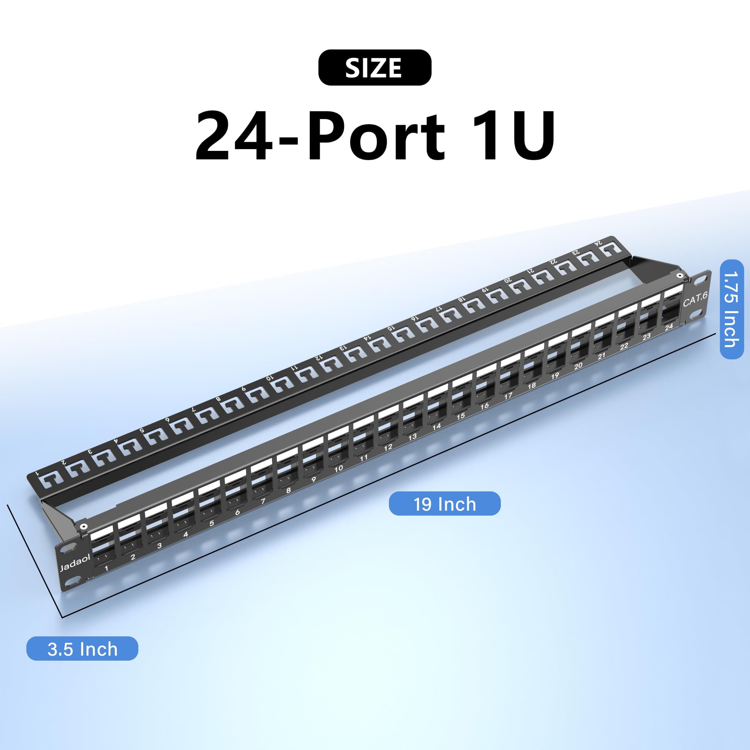 Jadaol Panneau de brassage vierge 1U de 19 po, panneau Keystone à montage en rack à 24 ports pour Cat6/Cat6a, HDMI, coaxial, fibre et audio – Cadre en métal (prises Keystone non incluses)