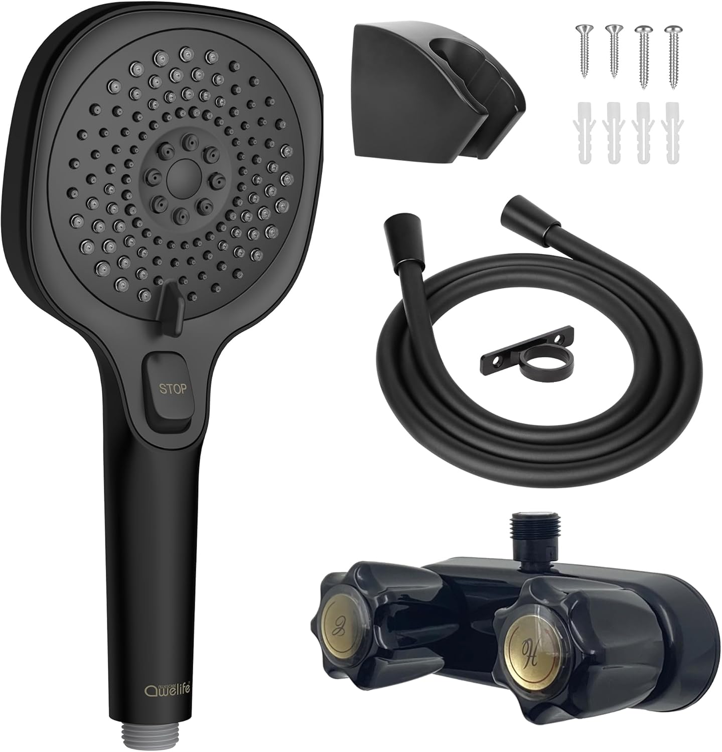 RV Shower Head Replacement Kit with 3-Spray Camper Water Saving Shower Head, Shower Hose, Guide Ring, Shower Head Holder and Facuet for RV, Camper, Van, Travel Trailer, Motorhome, Matte Black Finish
