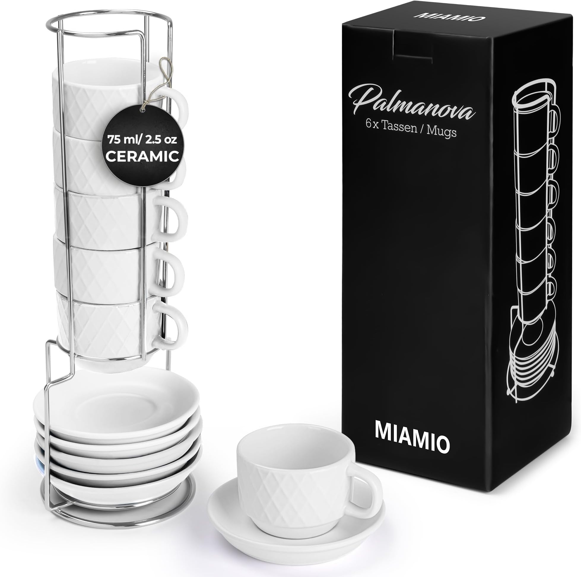 MIAMIO - 6 x 75 ml Espresso Cup Set with Stand Stoneware Ceramic – Small Cups for Espresso – Modern Cup Set in White – Palmanova Collection, Dishwasher Safe