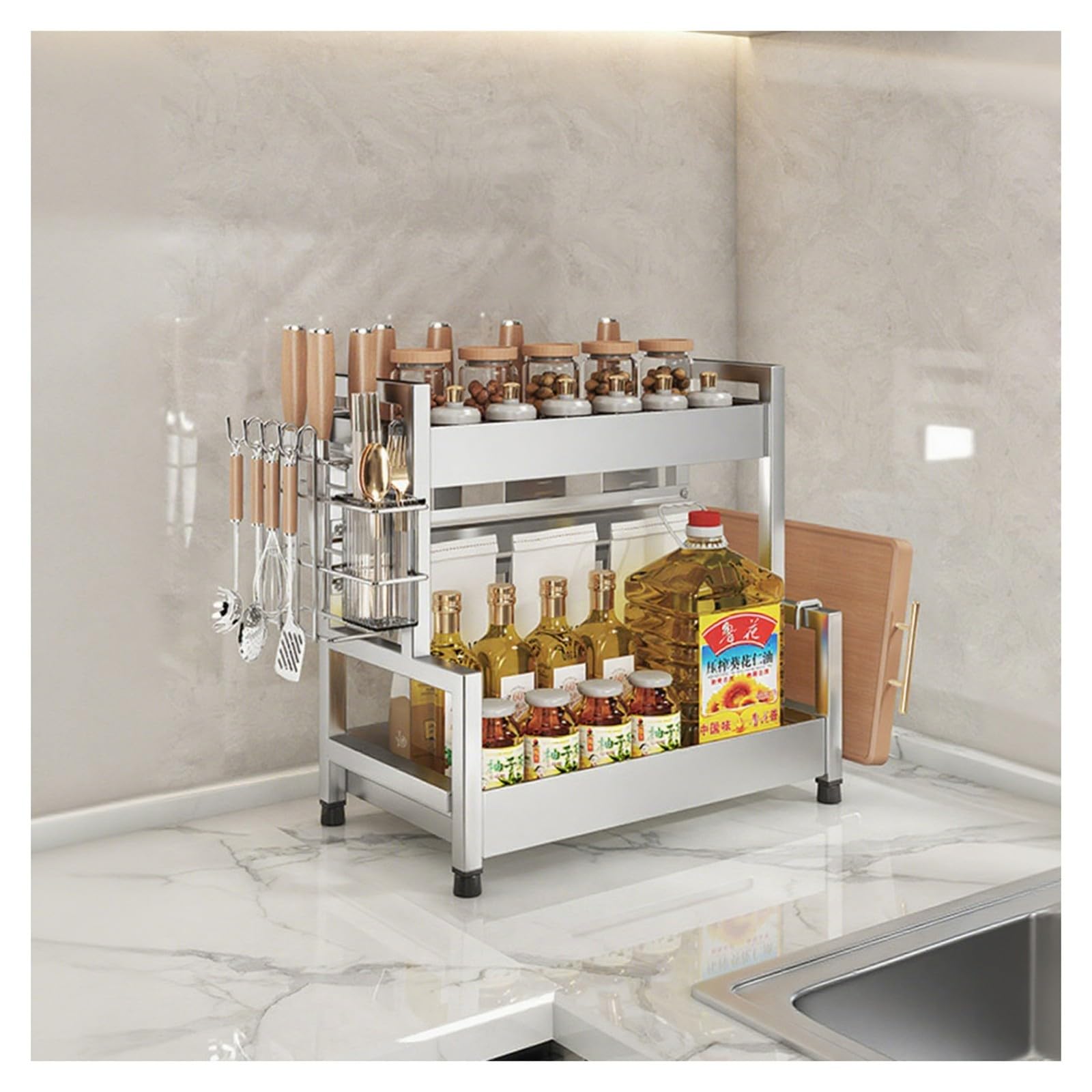HADECOLL Stainless Steel Spice Rack With Hooks And Utensil Holders, 2-Tier Shelf Organizer For Sugar, Salt, Pepper And Oil Bottles,2 Tier-40cm/15.7in