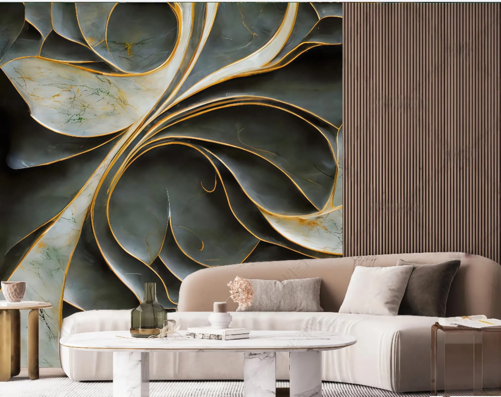 Tapeta nowoczesna trójwymiarowa złota linia rzeźbiona relief abstrakcyjny szmaragdowy zielony marmurowy wzór TV sofa tło tapeta ścienna salon restauracja kawiarnia mural, 3D, 250 x 175 cm