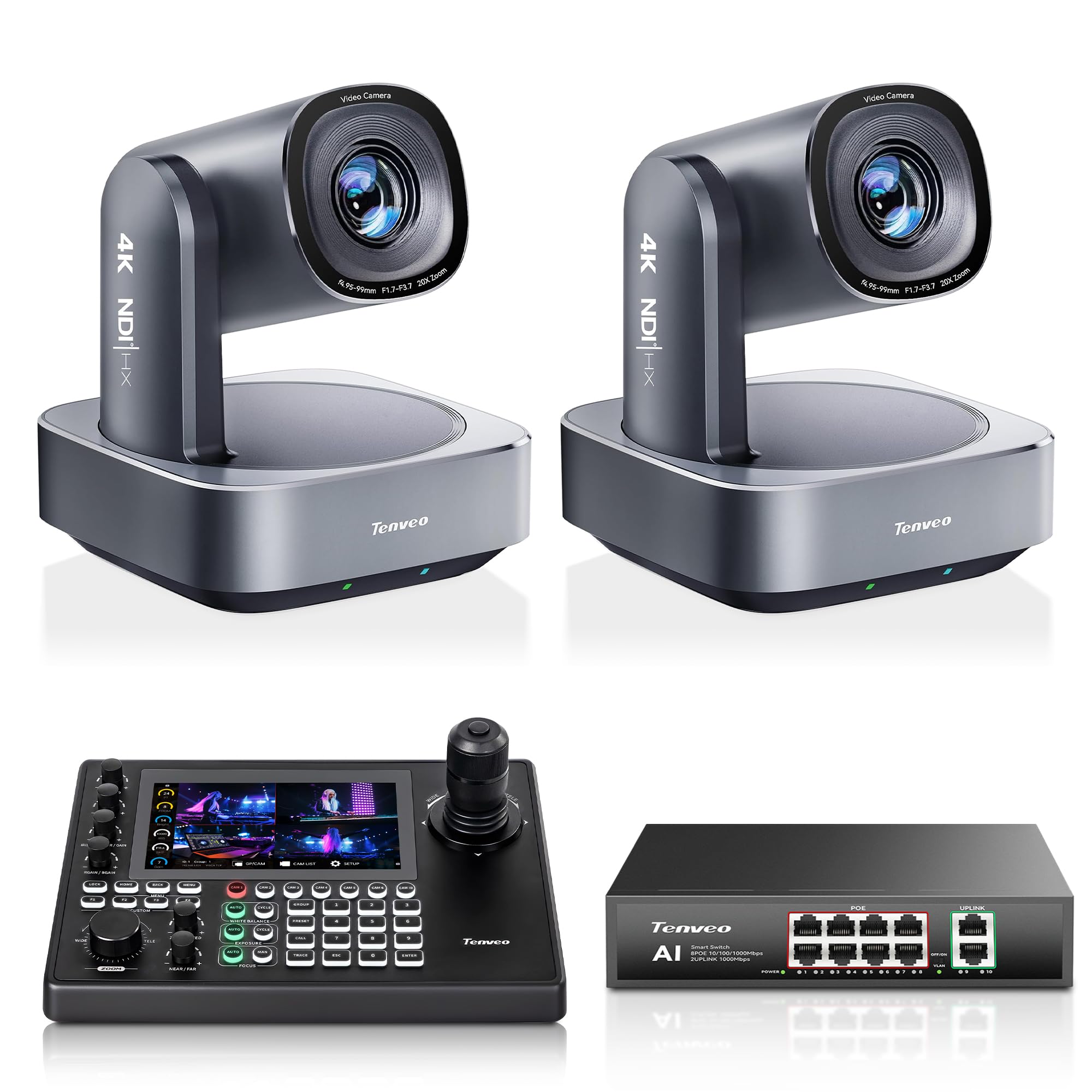 Tenveo Kit Telecamere PTZ e Controller, 2 Telecamere PTZ NDI 4K con AI Tracking Zoom 20X (HDMI/USB3.0/LAN), Controller Joystick 4D con Schermo Touchscreen 7" Quad-View e Switch PoE