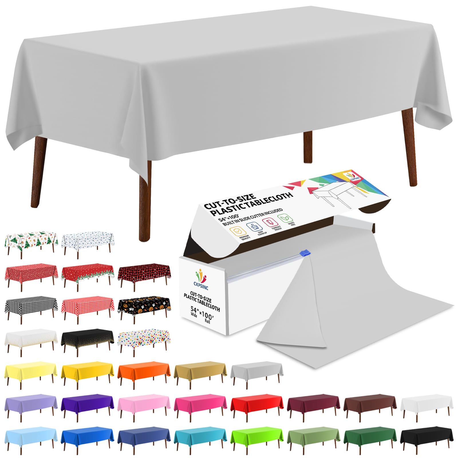 Cxpsinc Silver 54 Inch X 100 Feet Plastic Table Cover Roll Disposable Tablecloth With Slide Cutter For All Type/Shape Tables | Party, Banquet, Birthdays, Weddings(, 100 Feet)