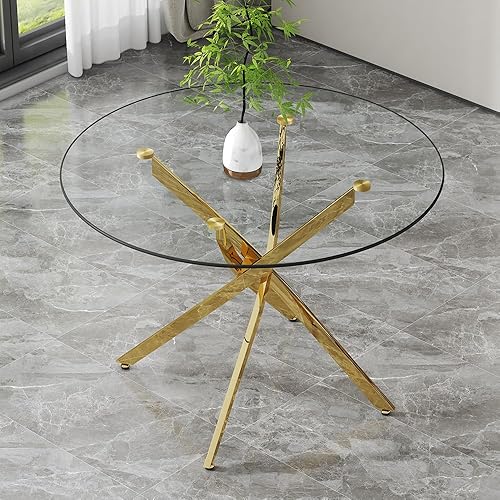 Miniatura 34 de Mesa redonda de comedor de vidrio para 2 a 4, moderna mesa superior de vidrio templado, patas cromadas resistentes, almohadillas ajustables, mesa de