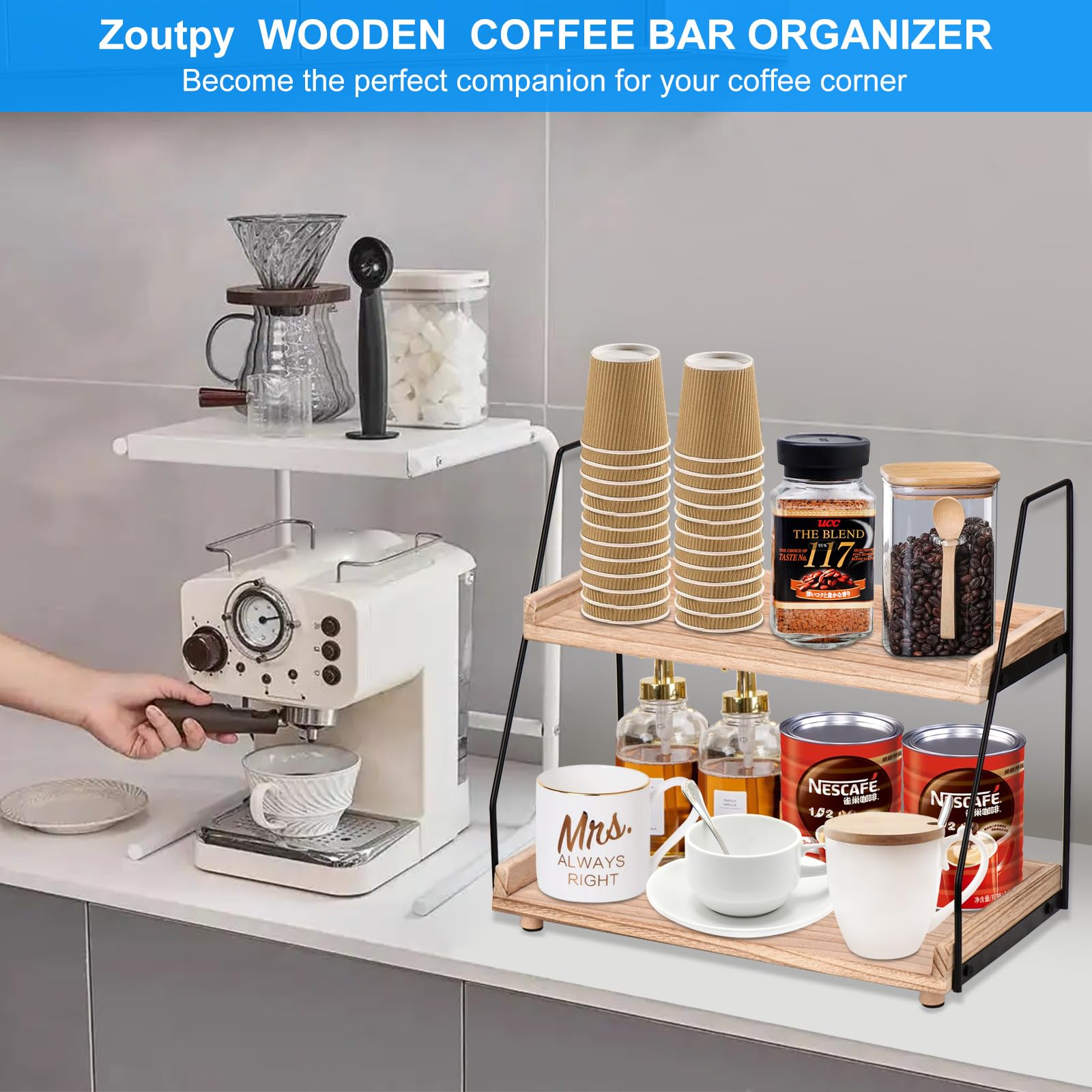 Organizzatore per Accessori da Bar in Legno a 2 Livelli, Stazione da Caffè Rustica e Organizzatore per Ufficio