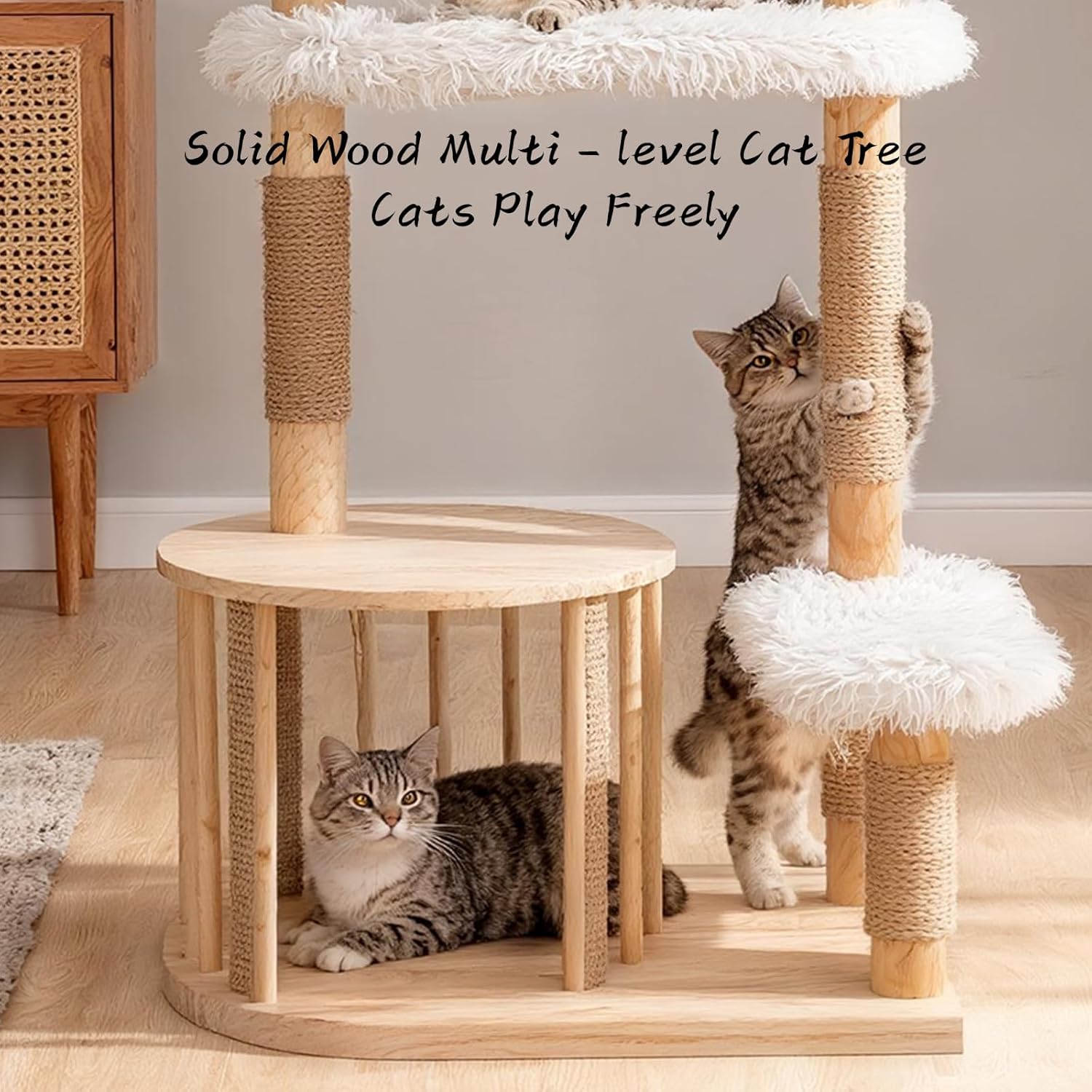51" Modern Cat Tree Tower for Indoor Cats, Natural Solid Wooden Cat Tower with Sisal Scratching Post, Luxury Cat Furniture with Hand-Woven Natural Rattan Nest for Multi-Cat Households