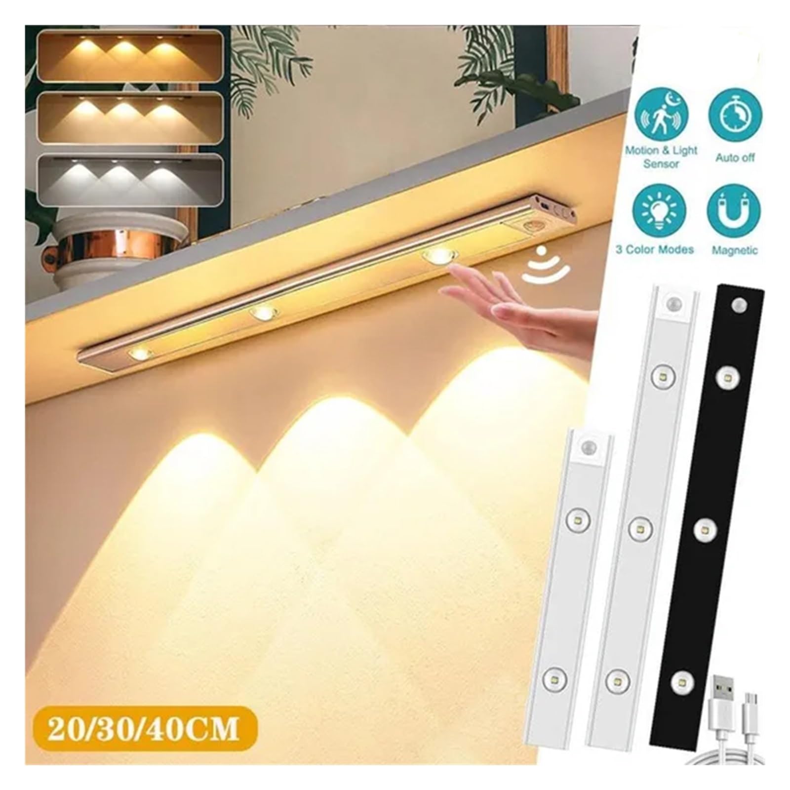 Unterschrank Leuchten USB LED Nachtlicht Sensor Drahtlose Ultra Dünne Wein Kühler Licht 3 Farbe For Küche Schrank Schlafzimmer Kleiderschrank Innen Beleuchtung(400mm-Silver,2Pcs)