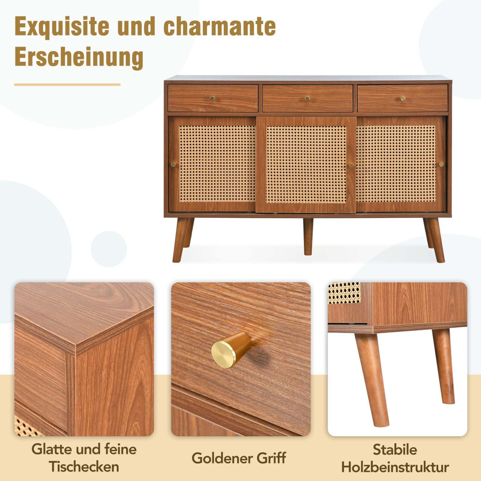 Sweiko Commode avec 2 portes et 2 tiroirs - En rotin - Avec tiroir