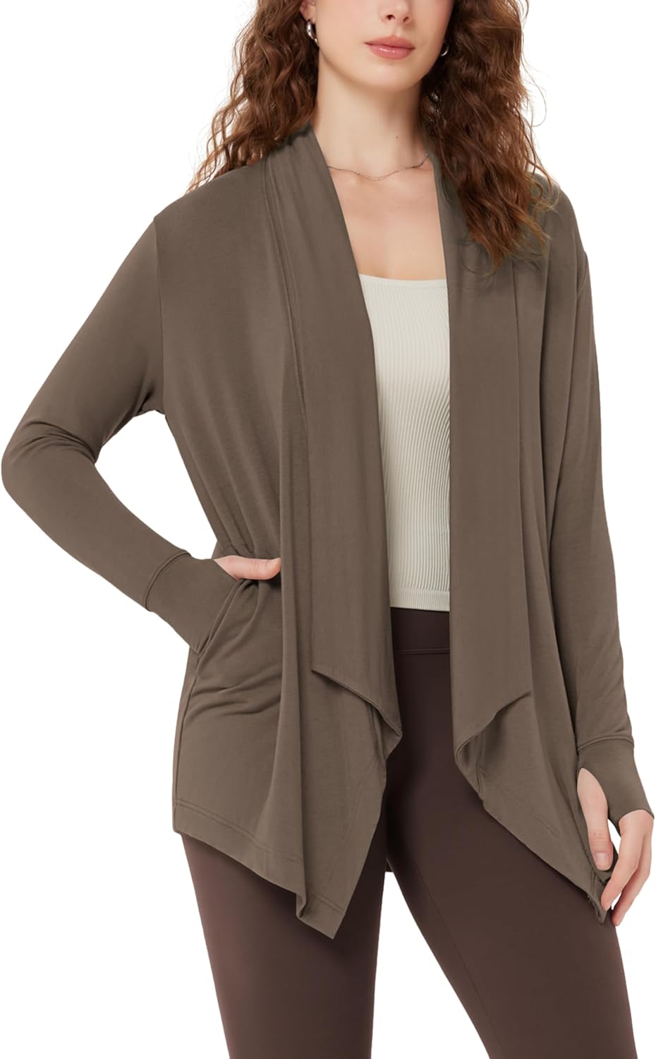 ODODOS Women's Drape Open Front Cardigans Cozy Soft Long Sleeve Casual Wrap Outerwear with Pockets Thumb Hole