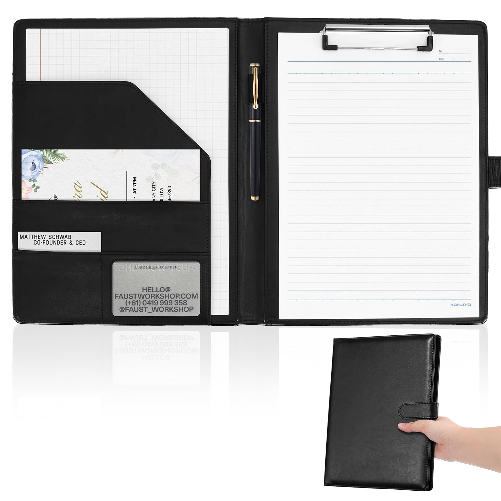 Professional Padfolio with Clipboard, Faux Leather Portfolio Folder Binder, Legal Pad Holder for A4 Letter Size Notepad, Resume, Writing Pad, Ideal Organizer for Business Office Conference, Black,