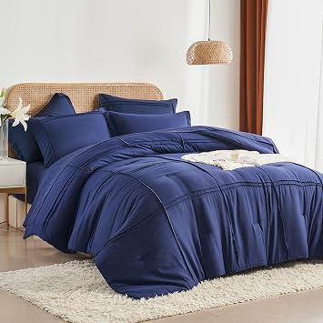 Yogeneg Full Size Comforter Set 7 Piece Bed in a Bag,Grid Pinch Pleat Navy Blue Bedding Set,Striped Textured Soft Microfiber Comforter with Sheet Set,All Season Complete Bed SetNavy Blue,Full