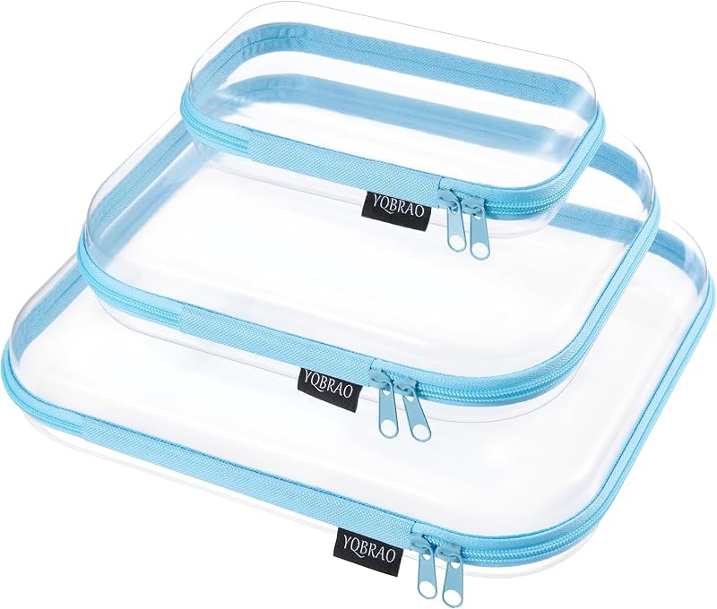 YQBRAO Conjunto com 3 estojos transparentes rígidos com zíper, tamanhos grande, médio e pequeno, Azul