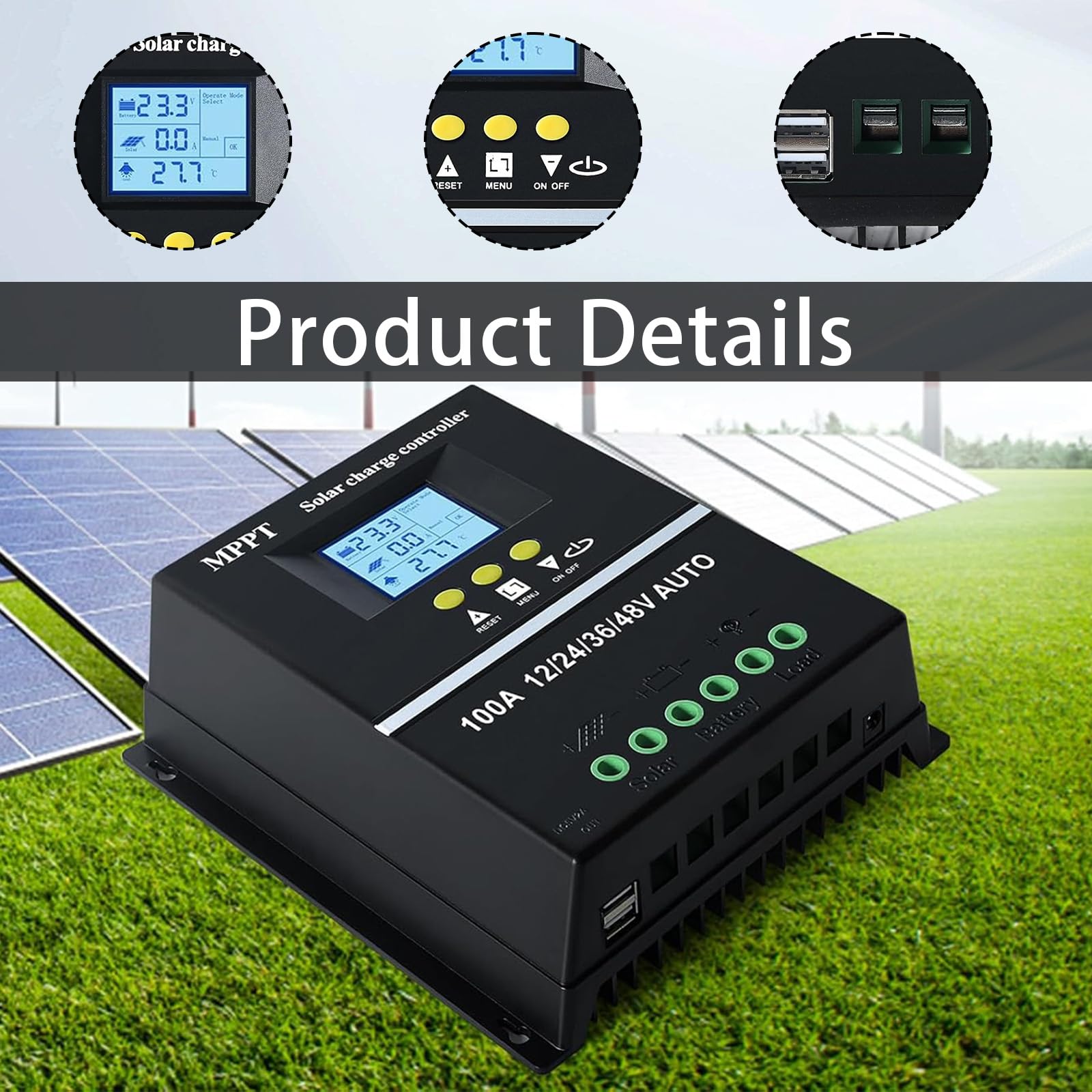 Régulateur de Charge Solaire MPPT, MPPT 100A Contrôleur de Charge Solaire 12V 24V 36V 48V Auto Écran LCD Batterie Régulateur Intelligent Double USB pour Plomb et au Lithium Batteries