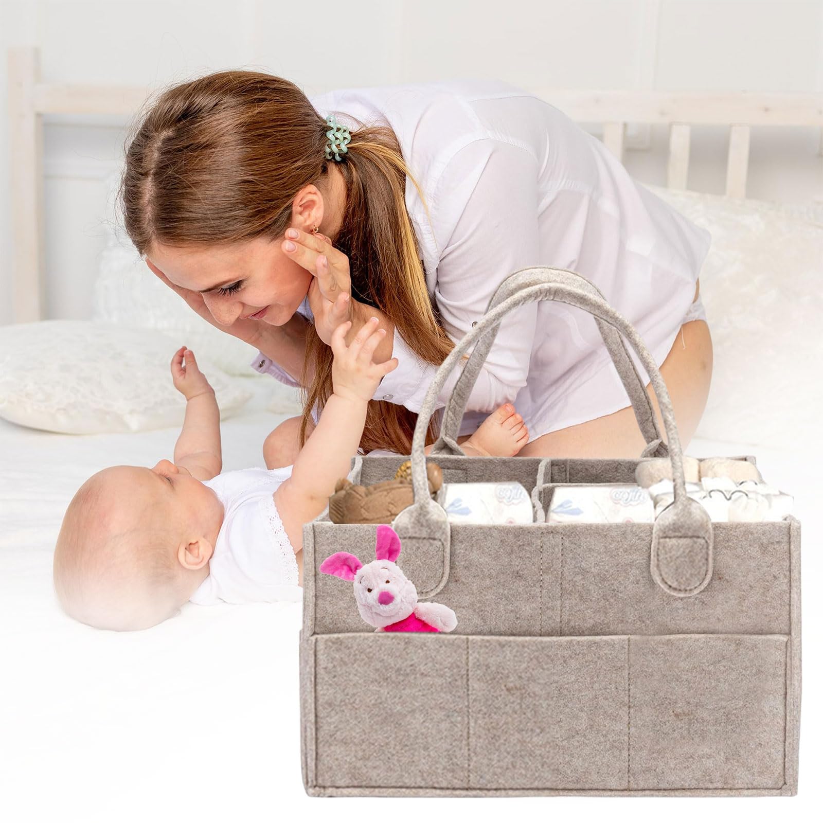 Panier Rangement BéBé Organisateur de Couches Bébé Panier de Rangement avec Compartiment Amovible Rangement Couches Bebe Pour Lingettes Humides Et Articles Pour Bebe 33 x 23 x18cm (Kaki)