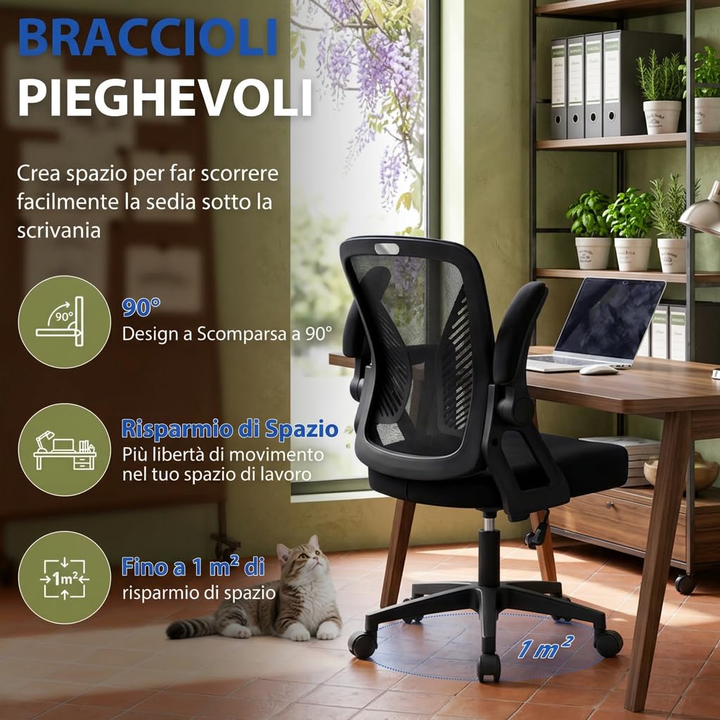 Sedia Ufficio Ergonomica, Sedia da Scrivania in Rete Traspirante con Supporto Lombare, Braccioli Ribaltabili a 90°, Altezza Regolabile, Inclinabile, Girevole 360°, Portata 130 kg, Nera