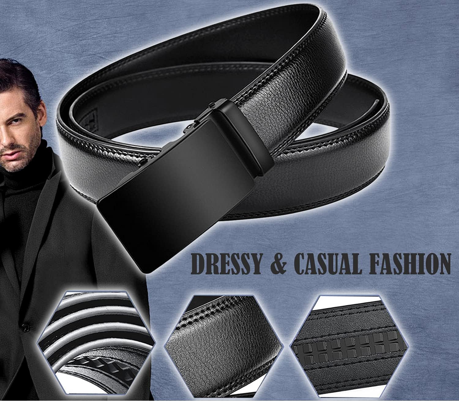 JINIU Men's leather Slide Ratchet Belt Casual with Automatic Buckle For Men Dress Pant Shirt Micro Adjustable - Image 2