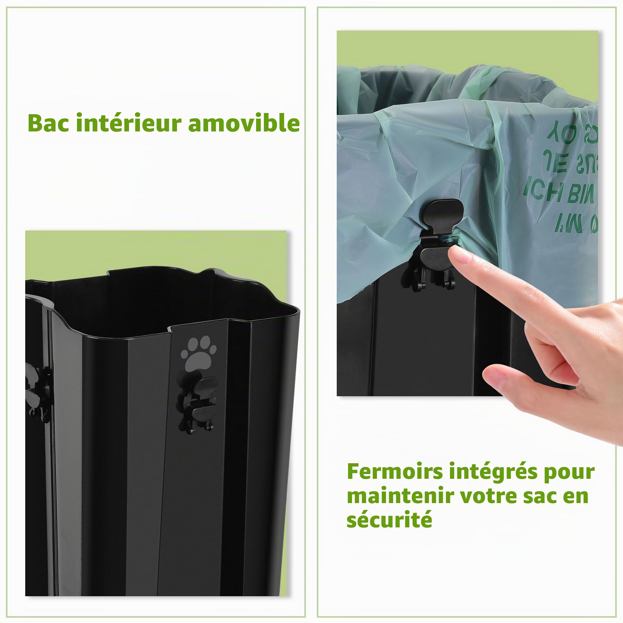 Poubelle à déjections canines et litière portable pour chat, matériau ABS entièrement noir, poubelle de 8 litres avec 20 sacs à déchets. ABS-BK