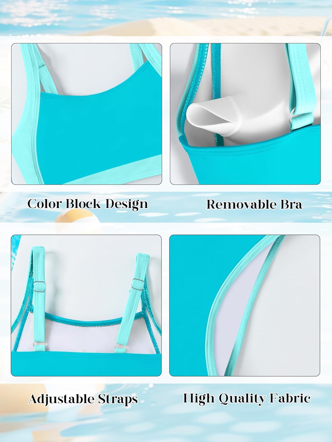 AMAWMW Girls Swimsuit Color Block Bikini Sets Adjustable Straps Two Piece Bathing Suit Swimwear for Teens 7-16Y