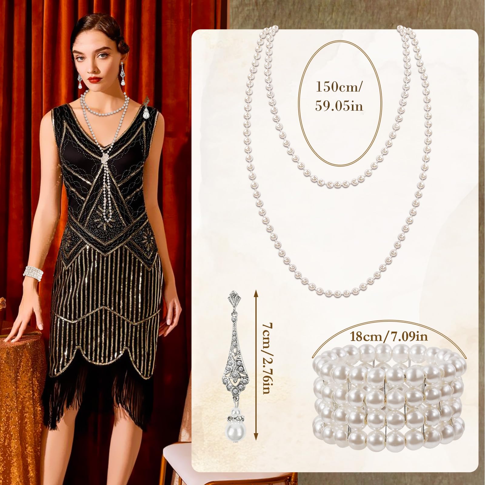 1920s Pearl Jewelry Set - Long Pearl Necklace, Earring Set, Multilayer Bracelet - Flapper Accessories for Women