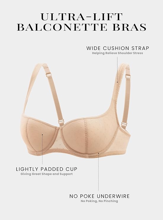 DOBREVA Women's Balconette Bra Padded Mesh Underwire