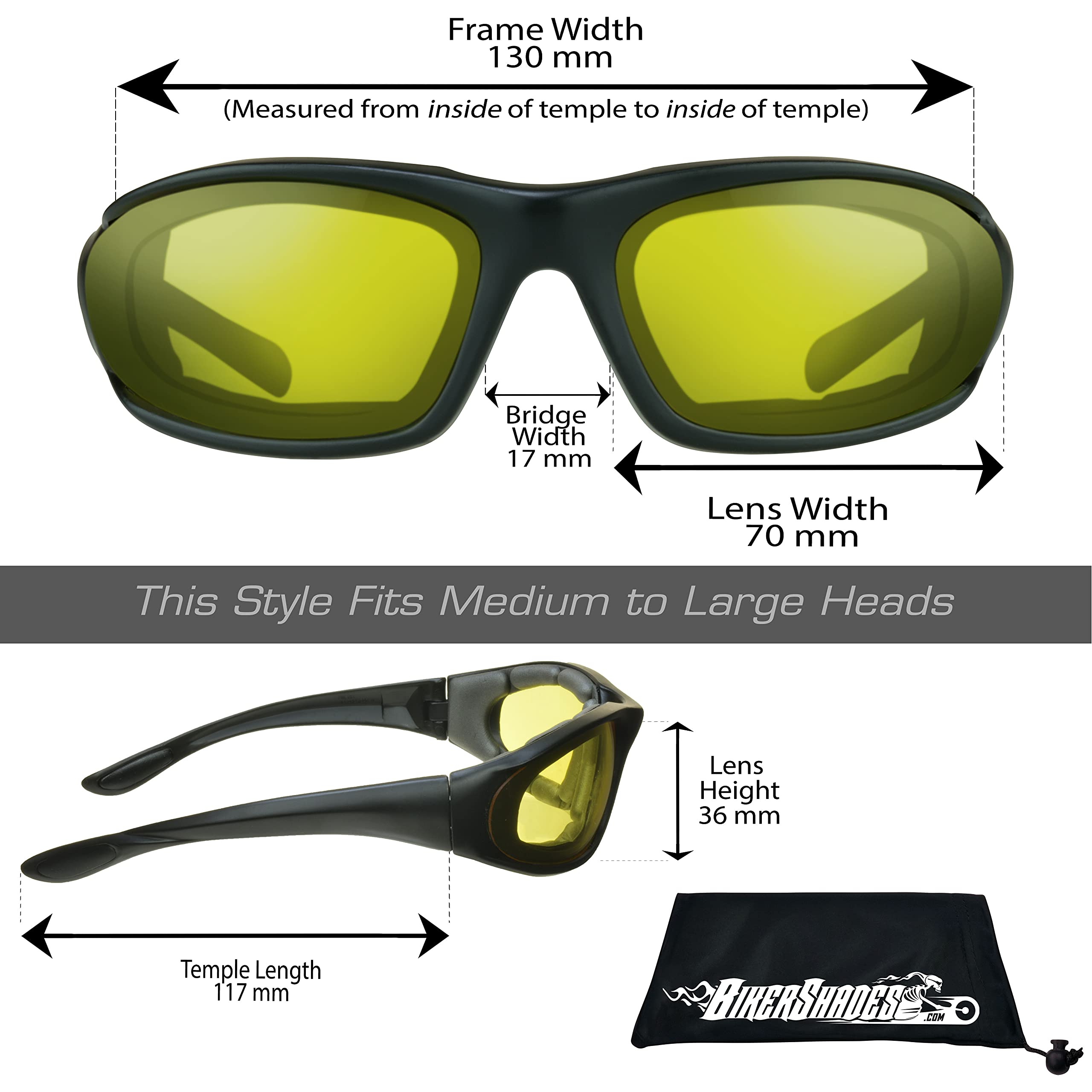 Bikershades Motorcycle Safety Sunglasses Yellow Night Riding Driving Anti Glare Wrap Foam Padded Cushion Protection Wind Block Prevent Dry Eye Sport