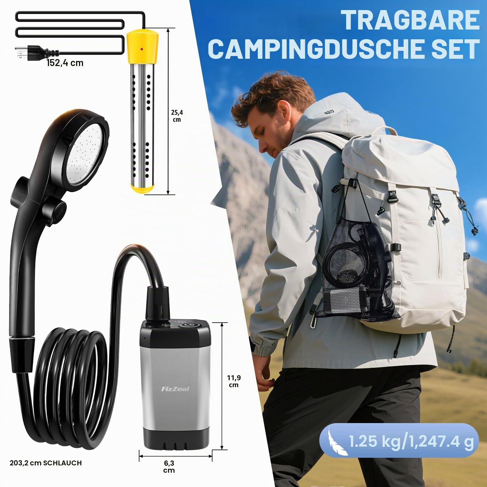 Tragbare Dusche mit Heizung, tragbare Dusche für Camping mit 2000 W Auto-Off-Heizung, 4 Sprühmodi, hält 140 Minuten, LED-Display, tragbare Duschpumpe, Outdoor-Dusche für Camping, Wandern, Reisen, Auto