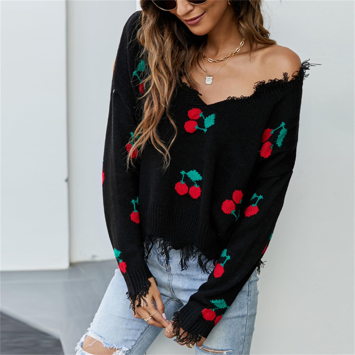 Strickpullover Damen Zerrissene Kurz Pullover Langarm V Ausschnitt Oberteil Loose Feinstrick Pulli Y2K Jumper mit Blumenmuster Quasten Strickpullover Streetwear