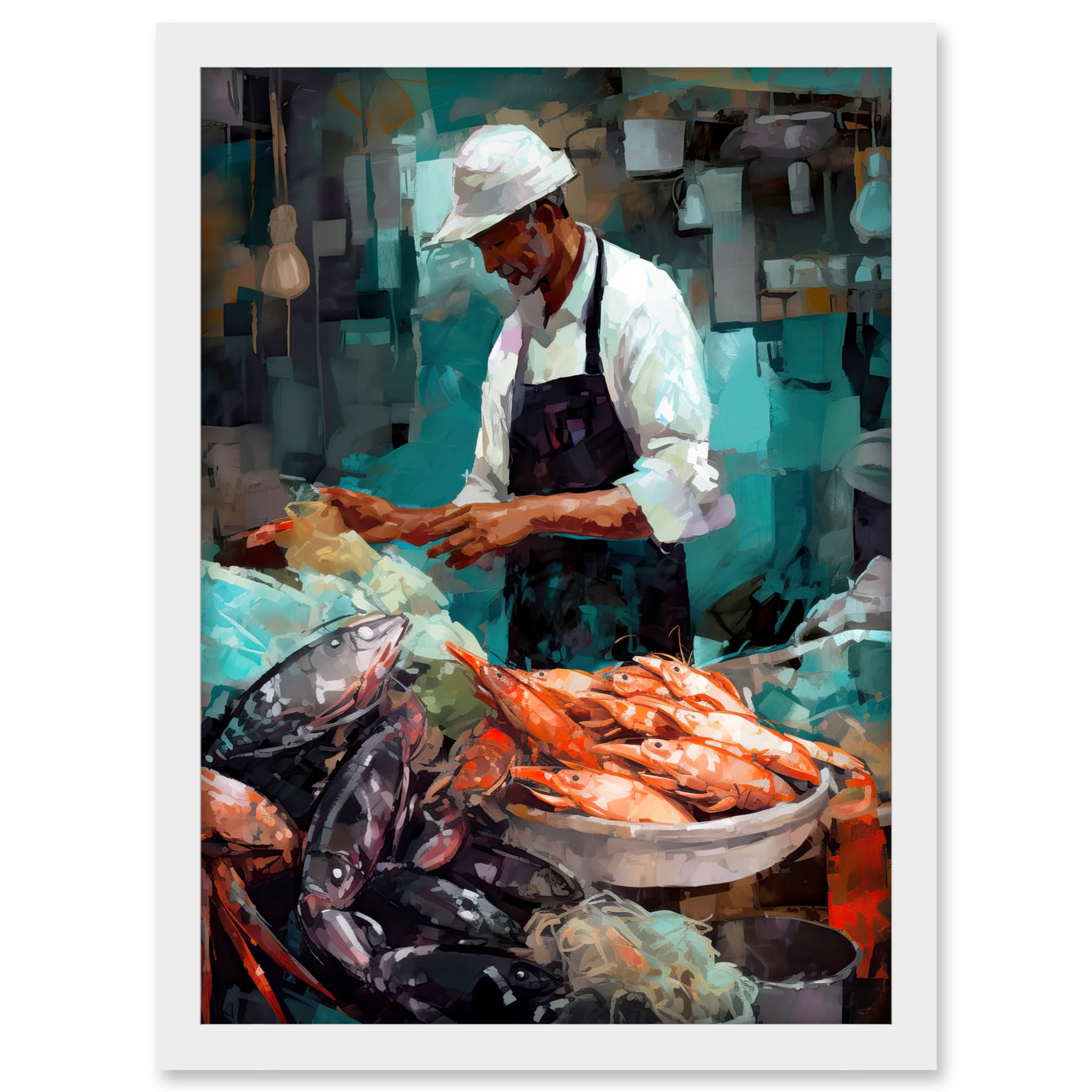 Artery8 Market Fishmonger Selling Fresh Catch Seafood Artwork Framed A3 Wall Art Print